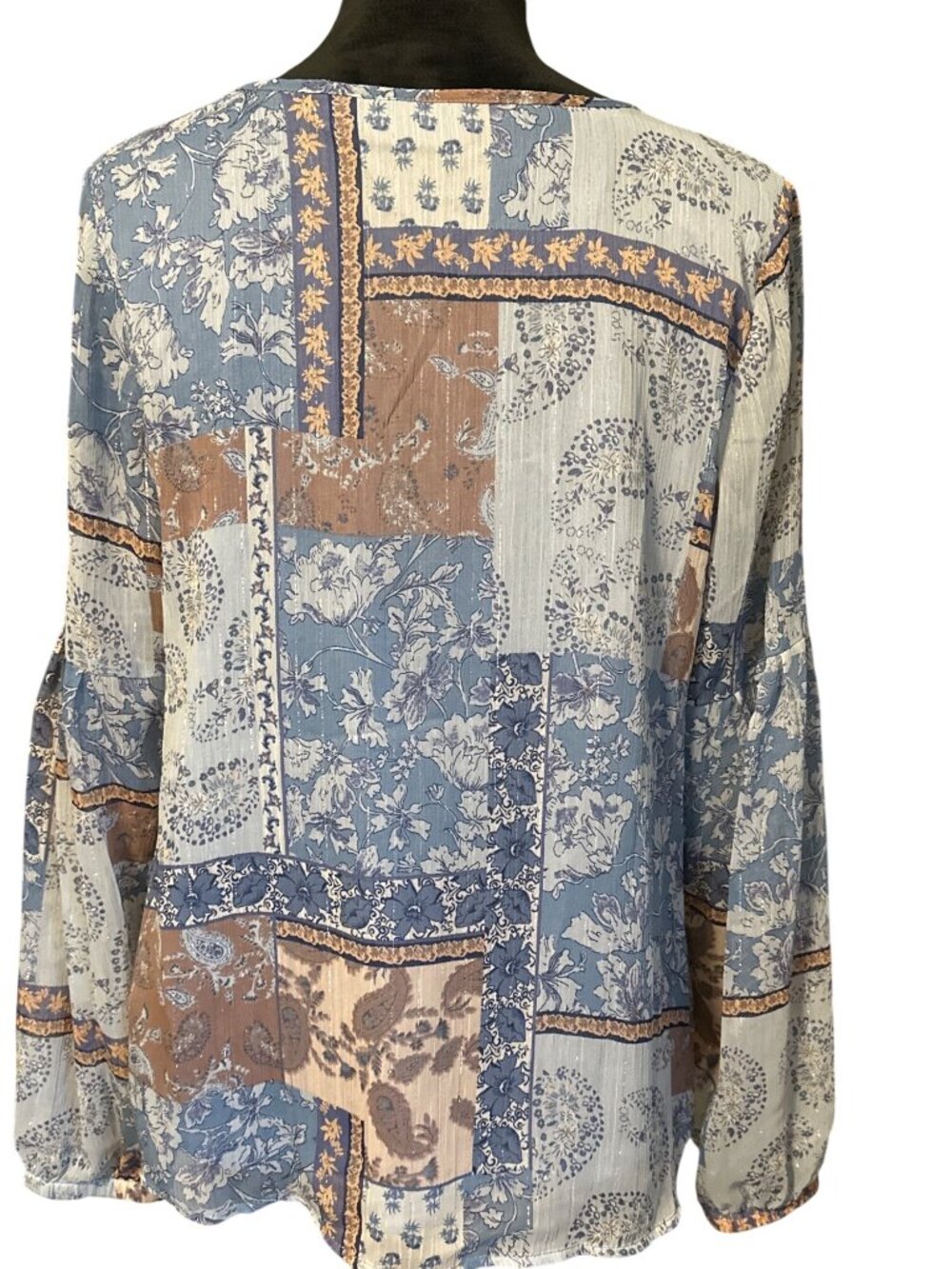Womens Boho Patchwork Long-Sleeve Blouse With Tassel Ties By Lucky Brand - Size - Picture 2 of 4